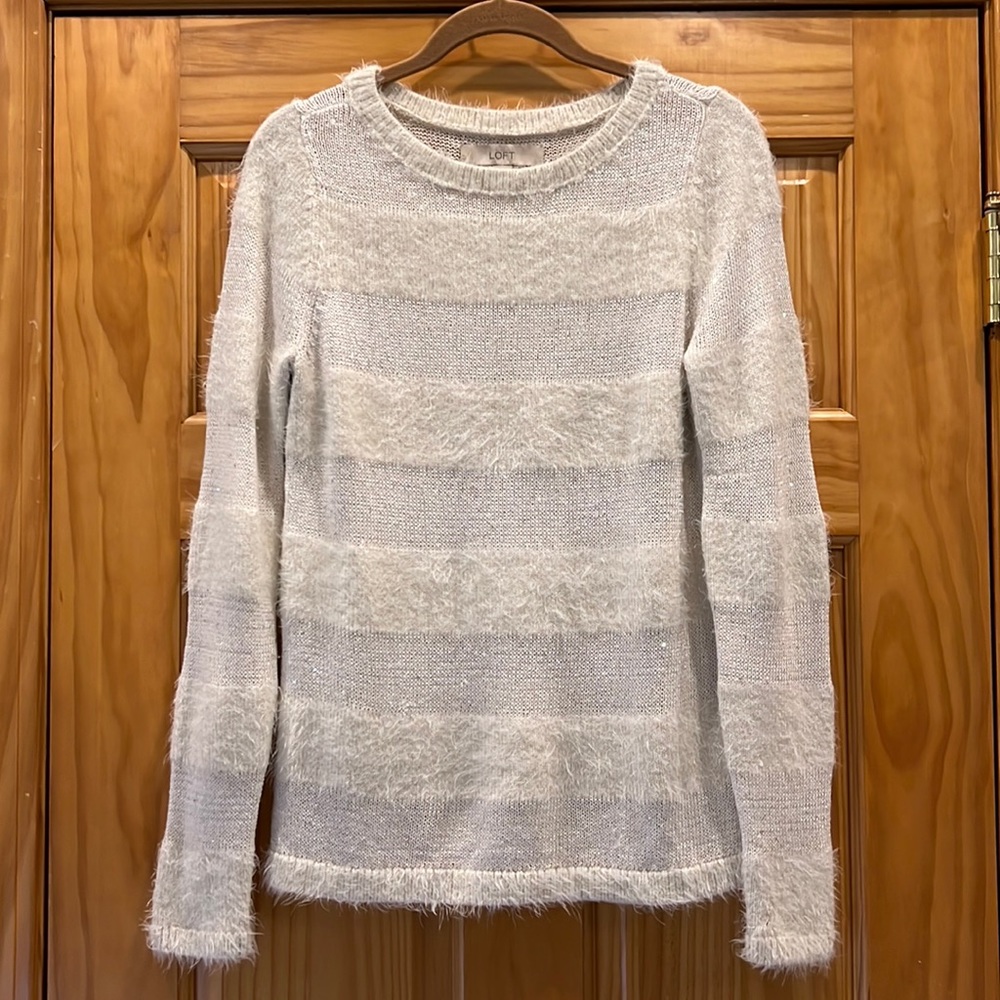 Ann Taylor LOFT Winter White Wool Blend Pullover Faux Fur and Sequin Sweater